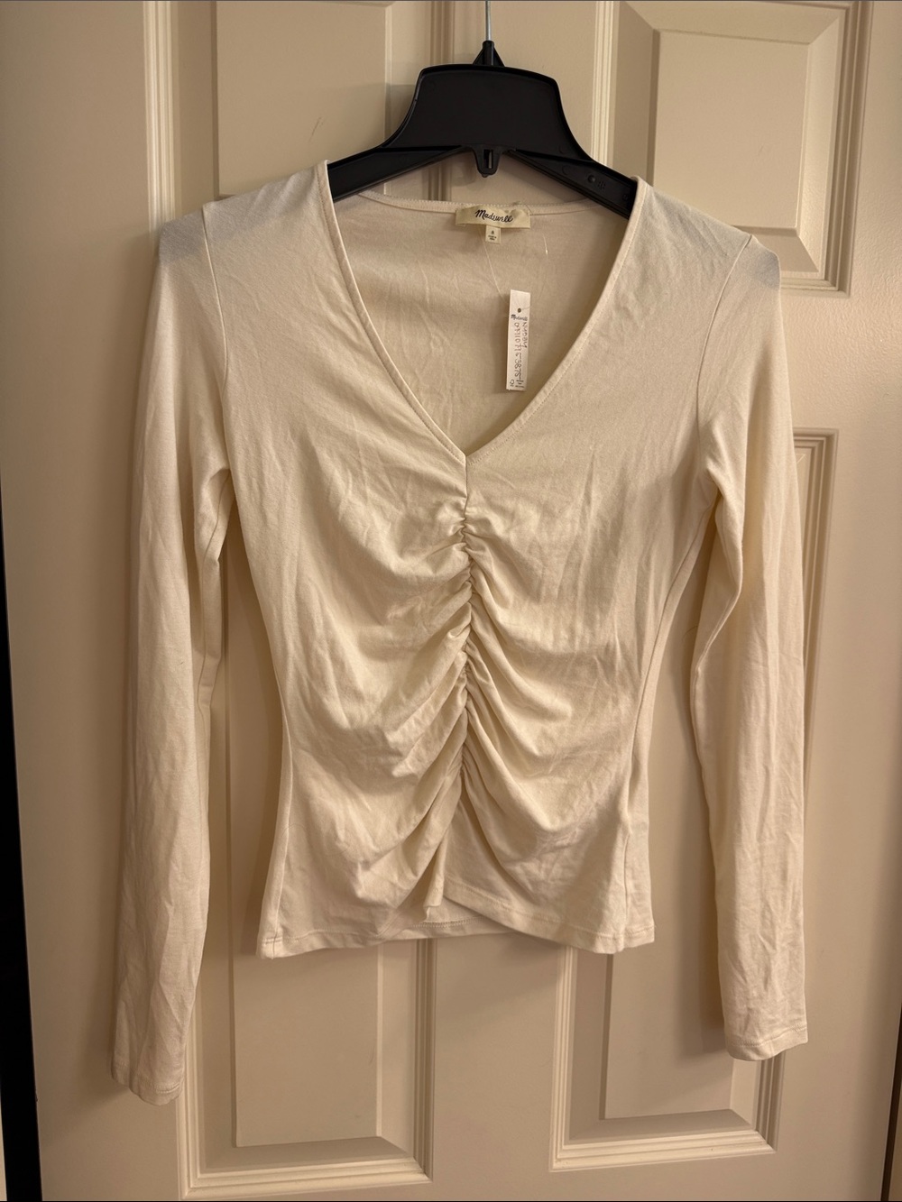 Madewell Ivory Ruched V-Neck Long Sleeve Top